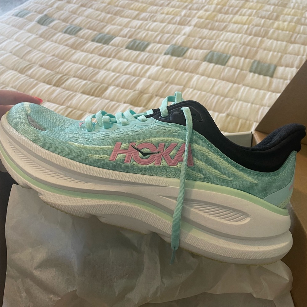 HOKA Bondi 8 Women's Mint & Pink Cushioning Activity Shoe size 9.5W